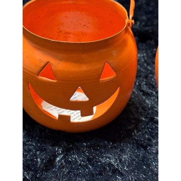 Vintage Hosley Set Of 2 Orange Metal Jack-O-Lantern Candle Halloween - Picture 2 of 5